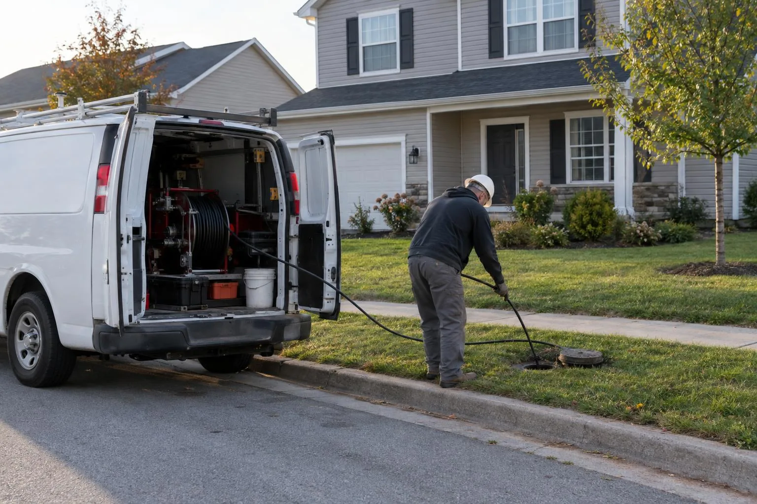 A technician feeding a camera cable into a cleanout in a front lawn beside a white work van with its rear doors open